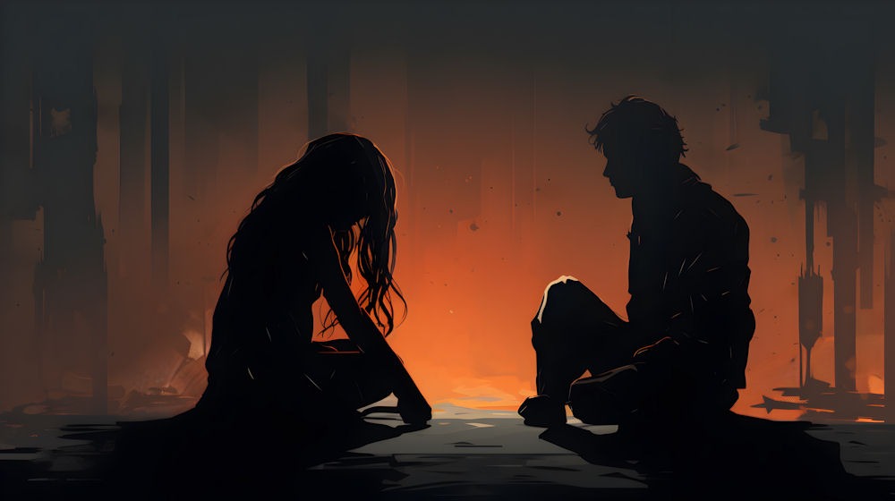 Artistic rendering of the shadows of a man and woman having a hard conversation in front of an orange fire