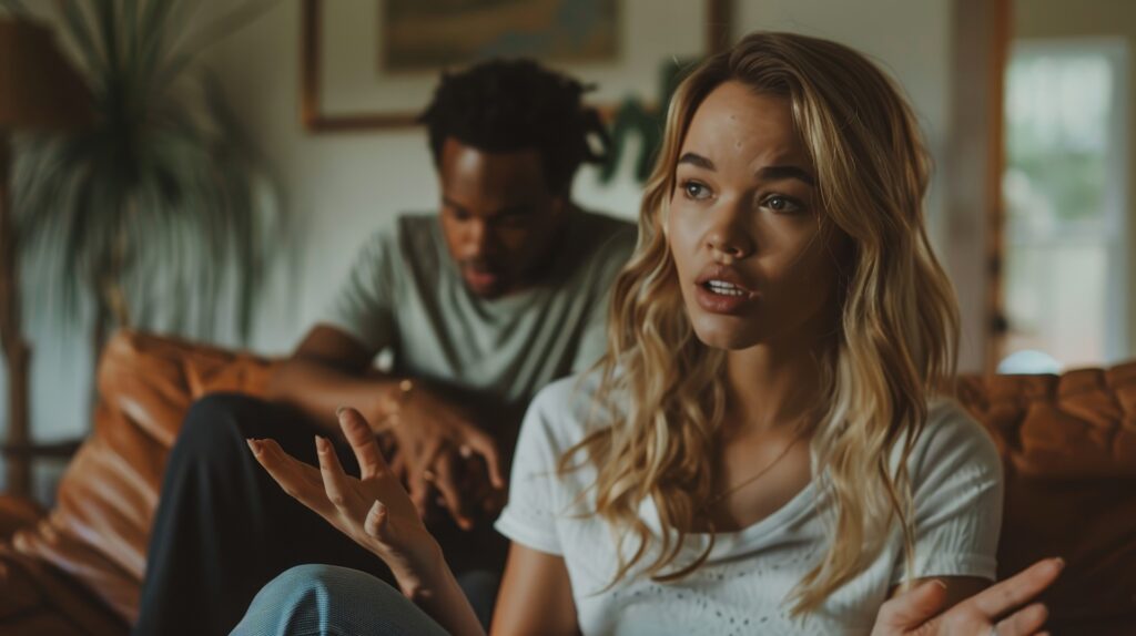 Concerned woman and sad man in counseling for alcohol and relationships