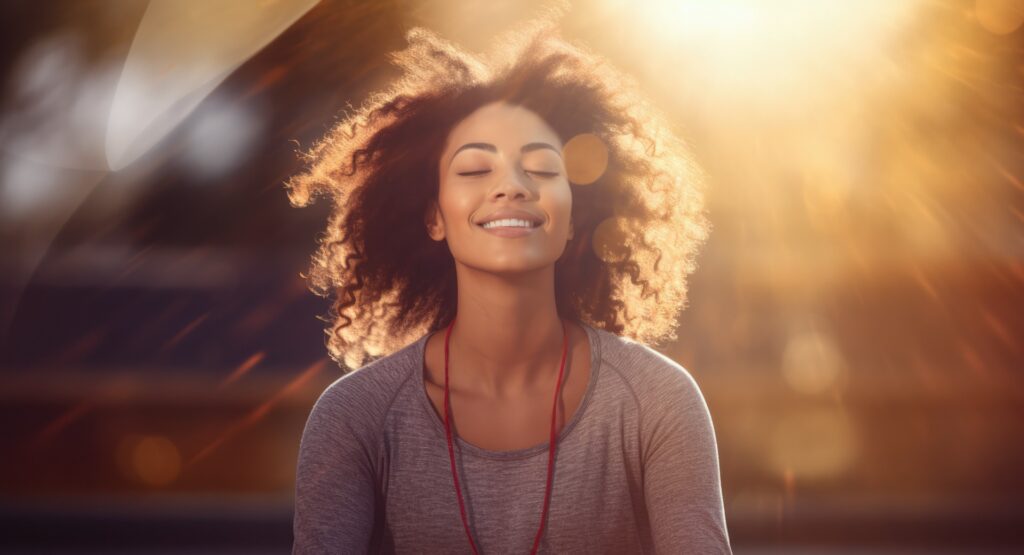 Woman smiling and meditating in sunlight, symbolizing healthy alternatives to self-medicating