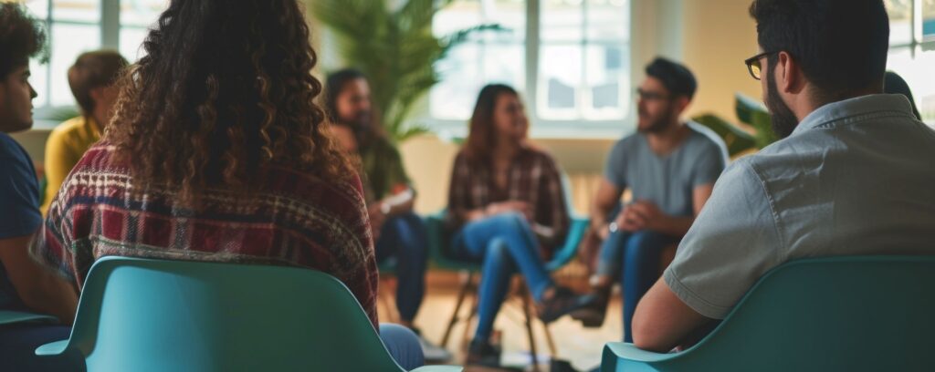 Rear view of seated circle of people discussing childhood trauma