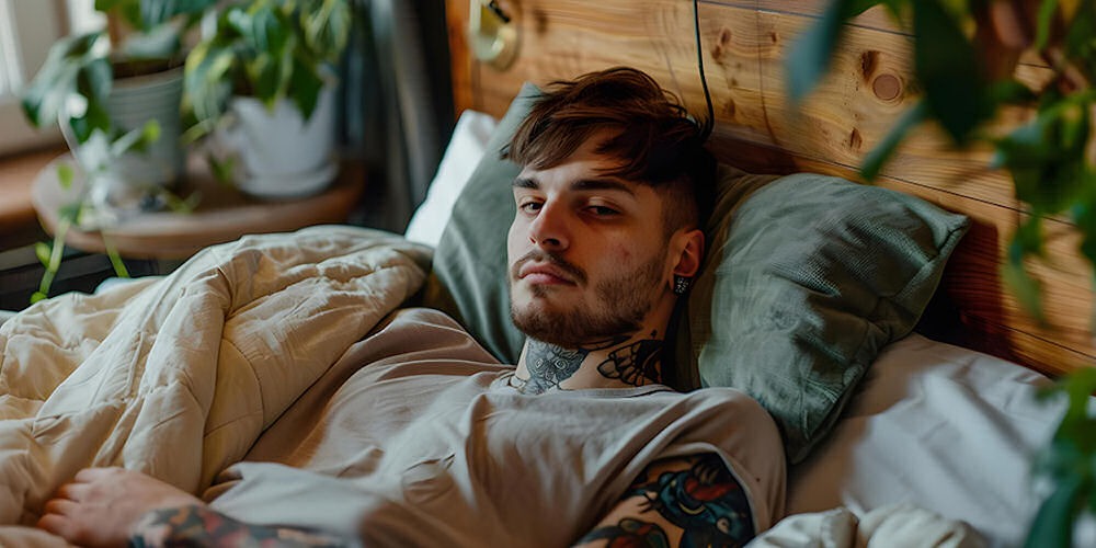 Depressed man with tattoos relaxing on bed decorated with plants