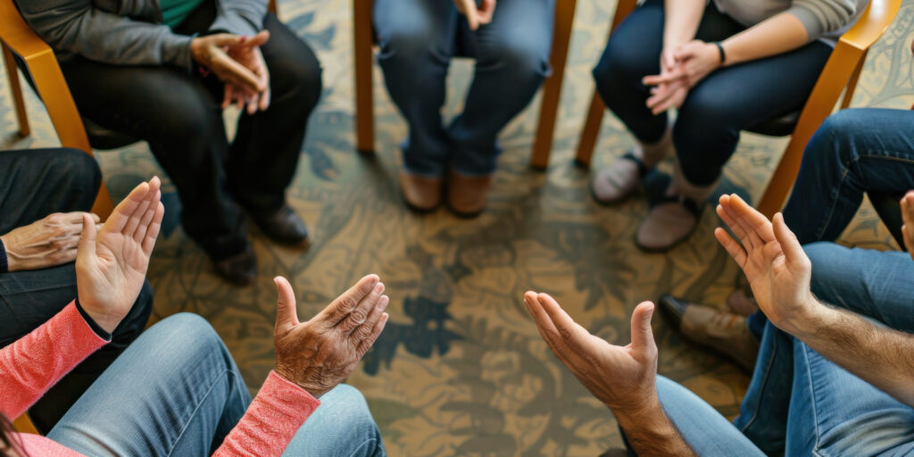 Overhead shot of people talking in a circle about holistic addiction treatment