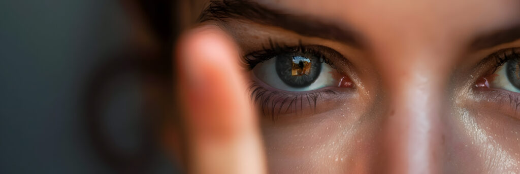Zoomed-in picture of a woman holding a finger in front of her eye